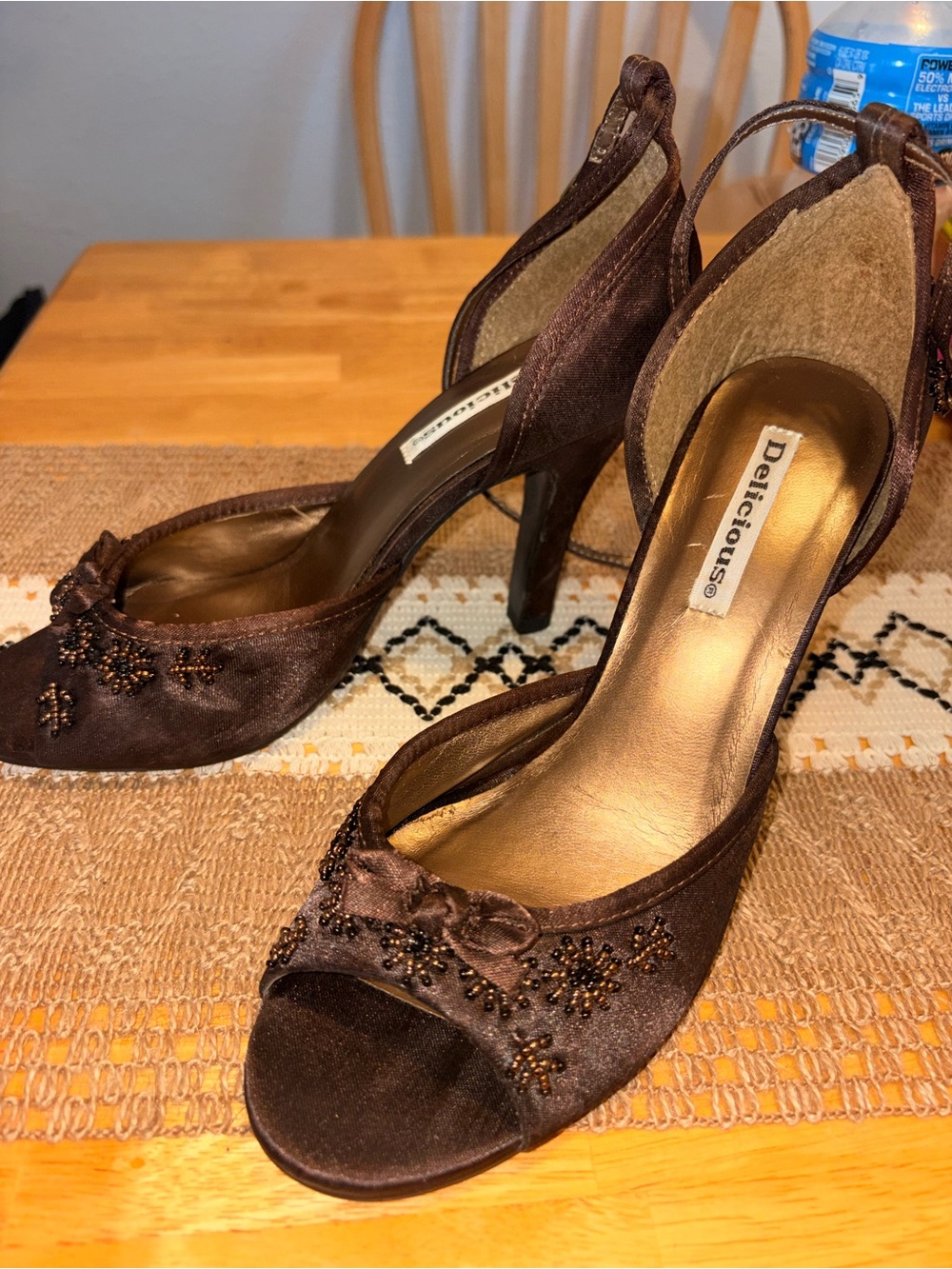 Vintage 1990s Delicious Brown Beaded Peep-Toe High Heels